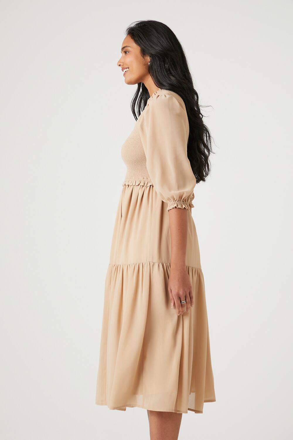  Forever 21 Smocked Chiffon Peasant-Sleeve Dress - black-swatch - Bonton
