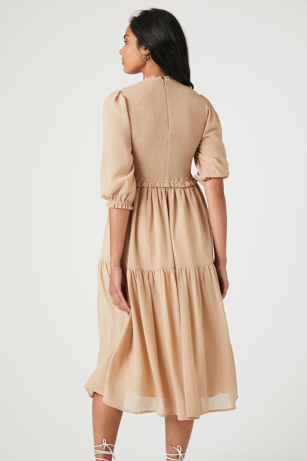  Forever 21 Smocked Chiffon Peasant-Sleeve Dress - black-swatch - Bonton