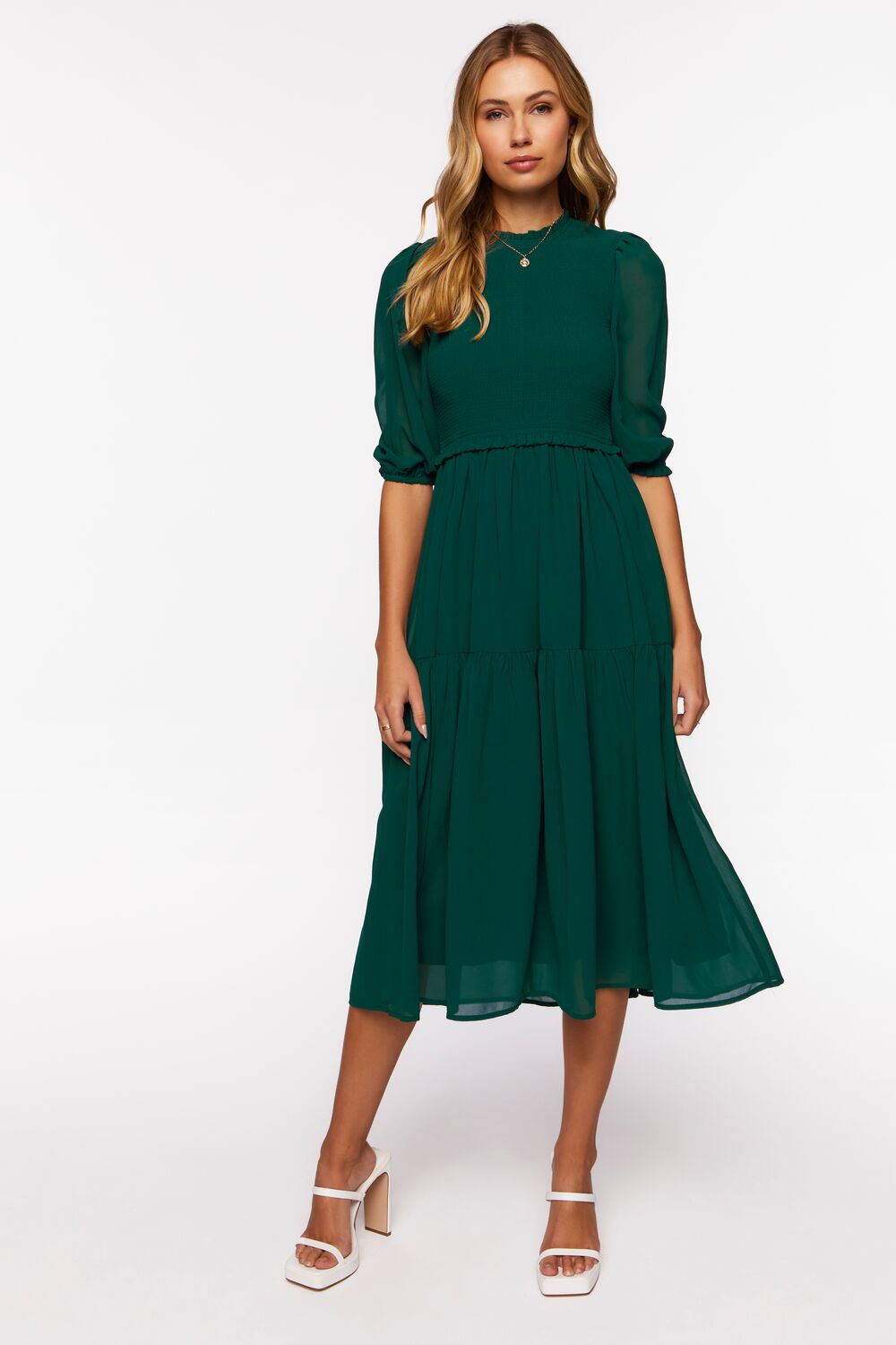  Forever 21 Smocked Chiffon Peasant-Sleeve Dress - black-swatch - Bonton