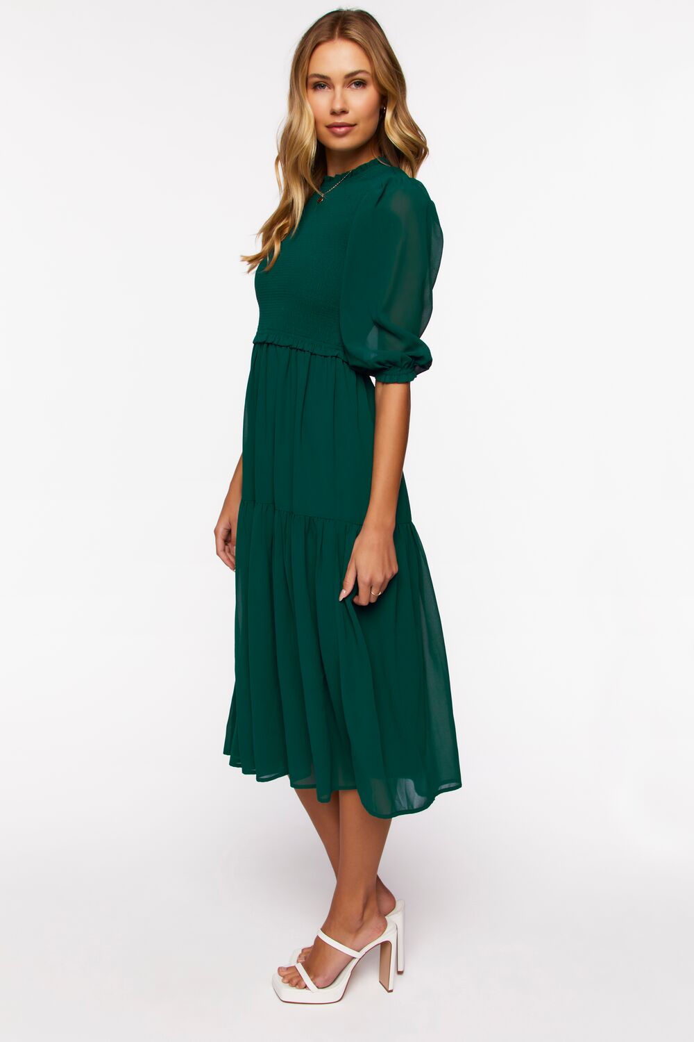  Forever 21 Smocked Chiffon Peasant-Sleeve Dress - black-swatch - Bonton