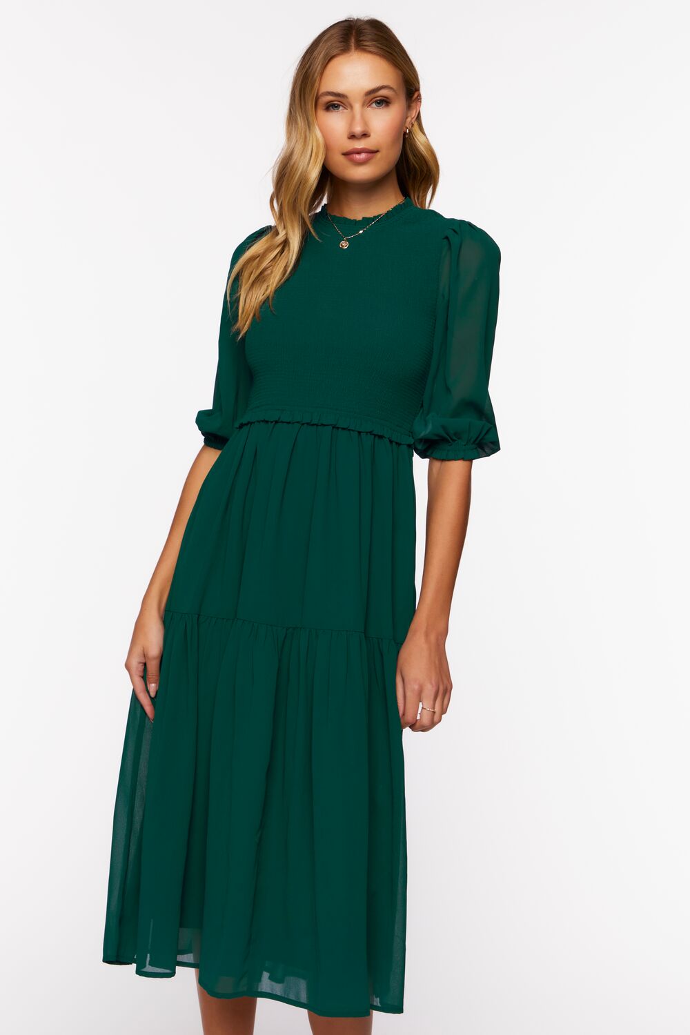  Forever 21 Smocked Chiffon Peasant-Sleeve Dress - black-swatch - Bonton
