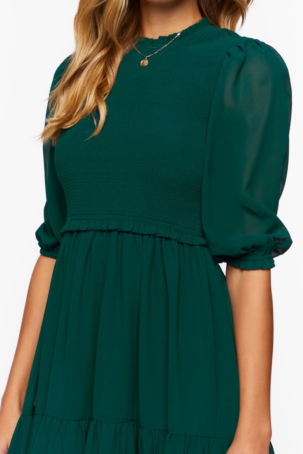  Forever 21 Smocked Chiffon Peasant-Sleeve Dress - black-swatch - Bonton