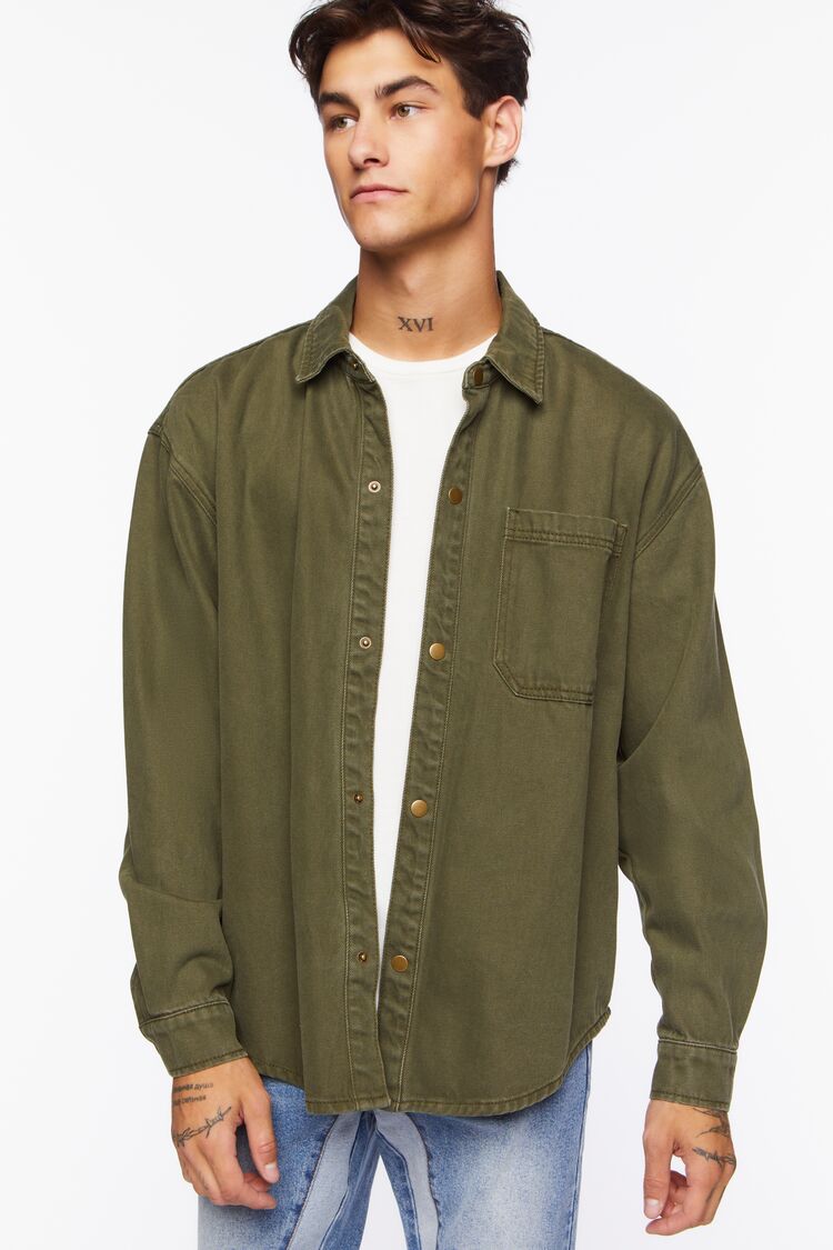  Forever 21 Drop-Sleeve Snap-Button Shirt - olive - Bonton
