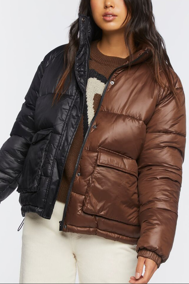  Forever 21 Colorblock Puffer Jacket - black-brown - Bonton