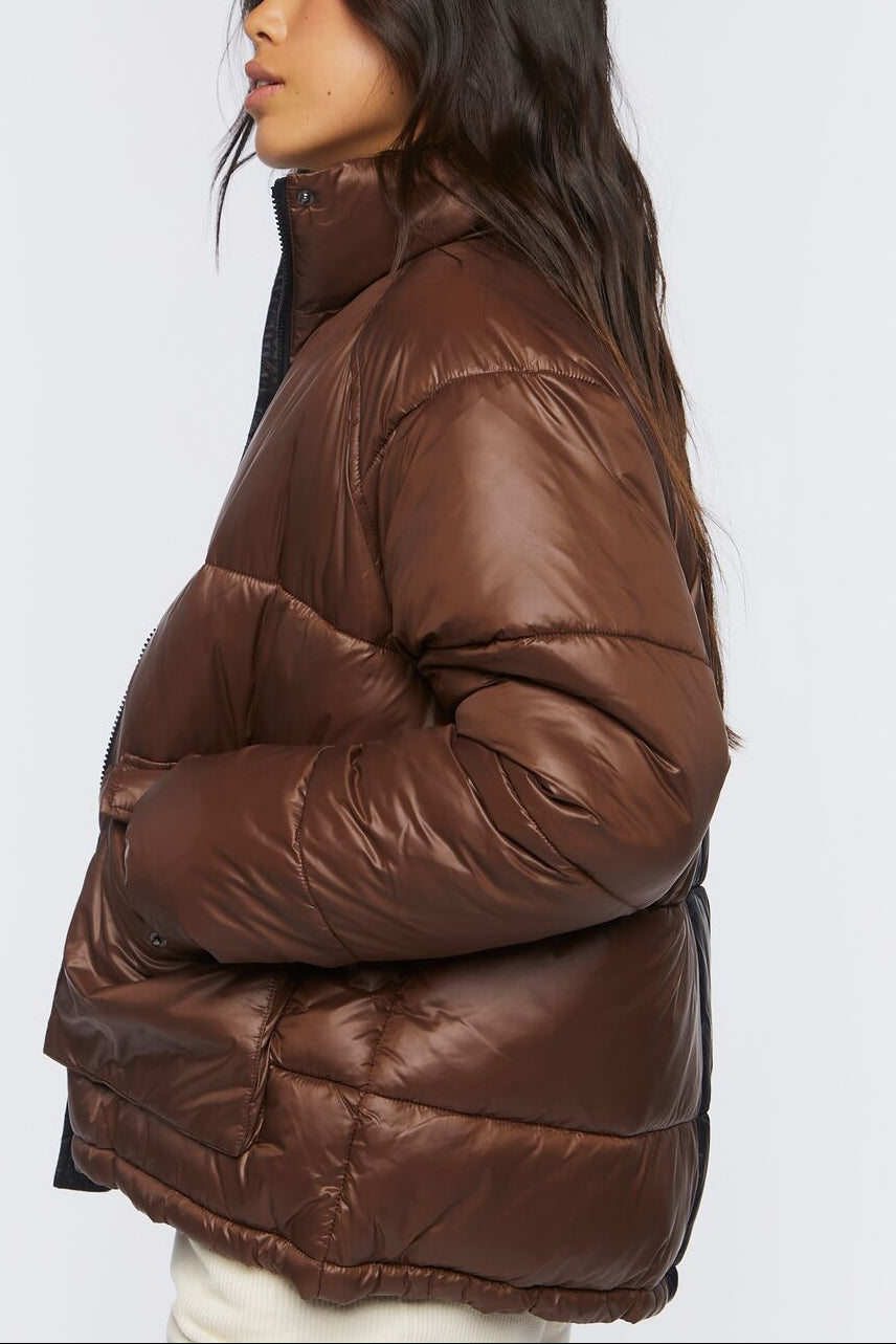  Forever 21 Colorblock Puffer Jacket - black-brown - Bonton
