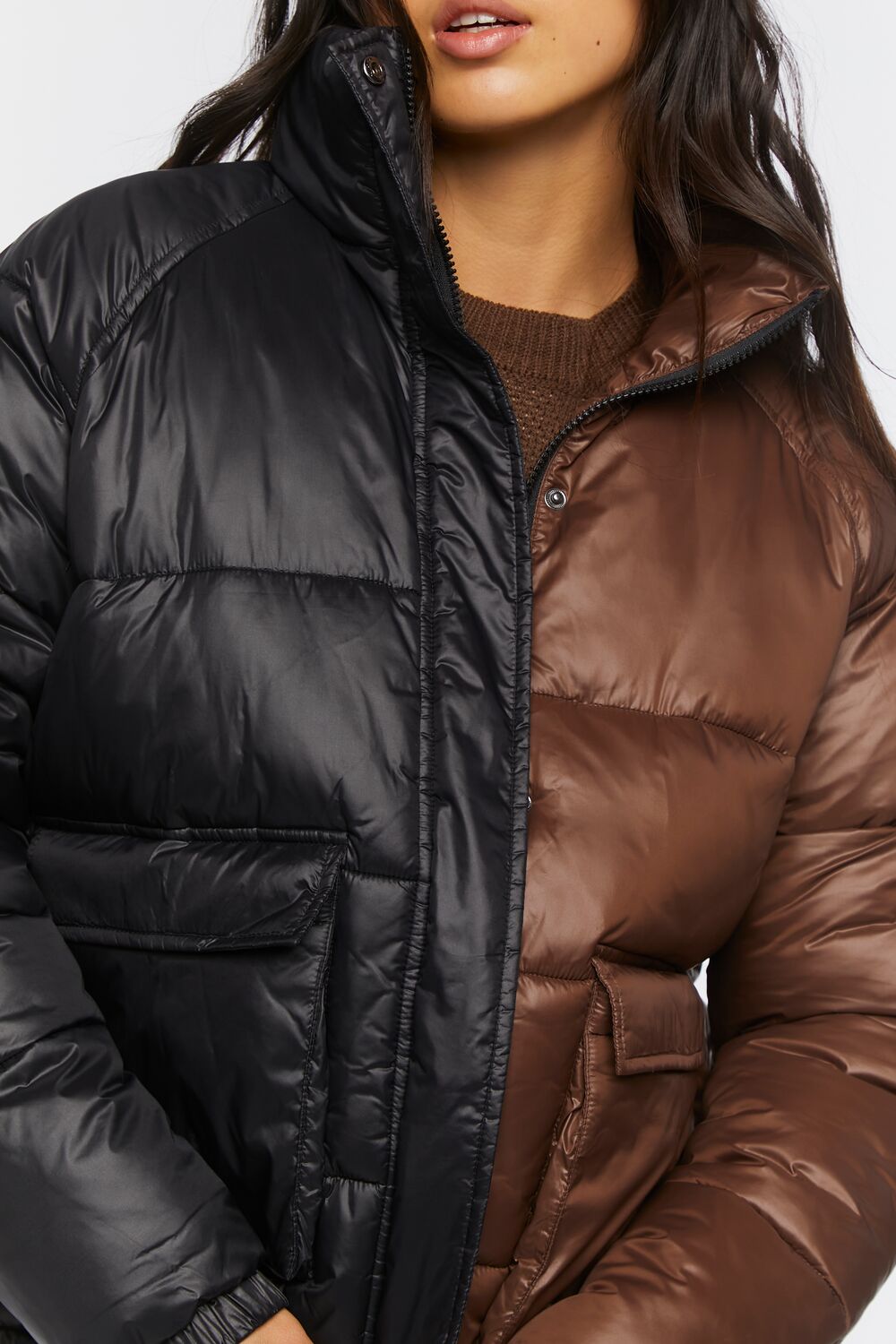  Forever 21 Colorblock Puffer Jacket - black-brown - Bonton