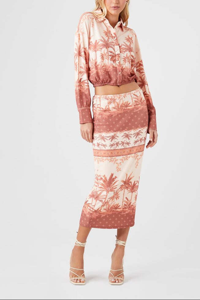  Forever 21 Tropical Print Midi Skirt - rust-multi - Bonton