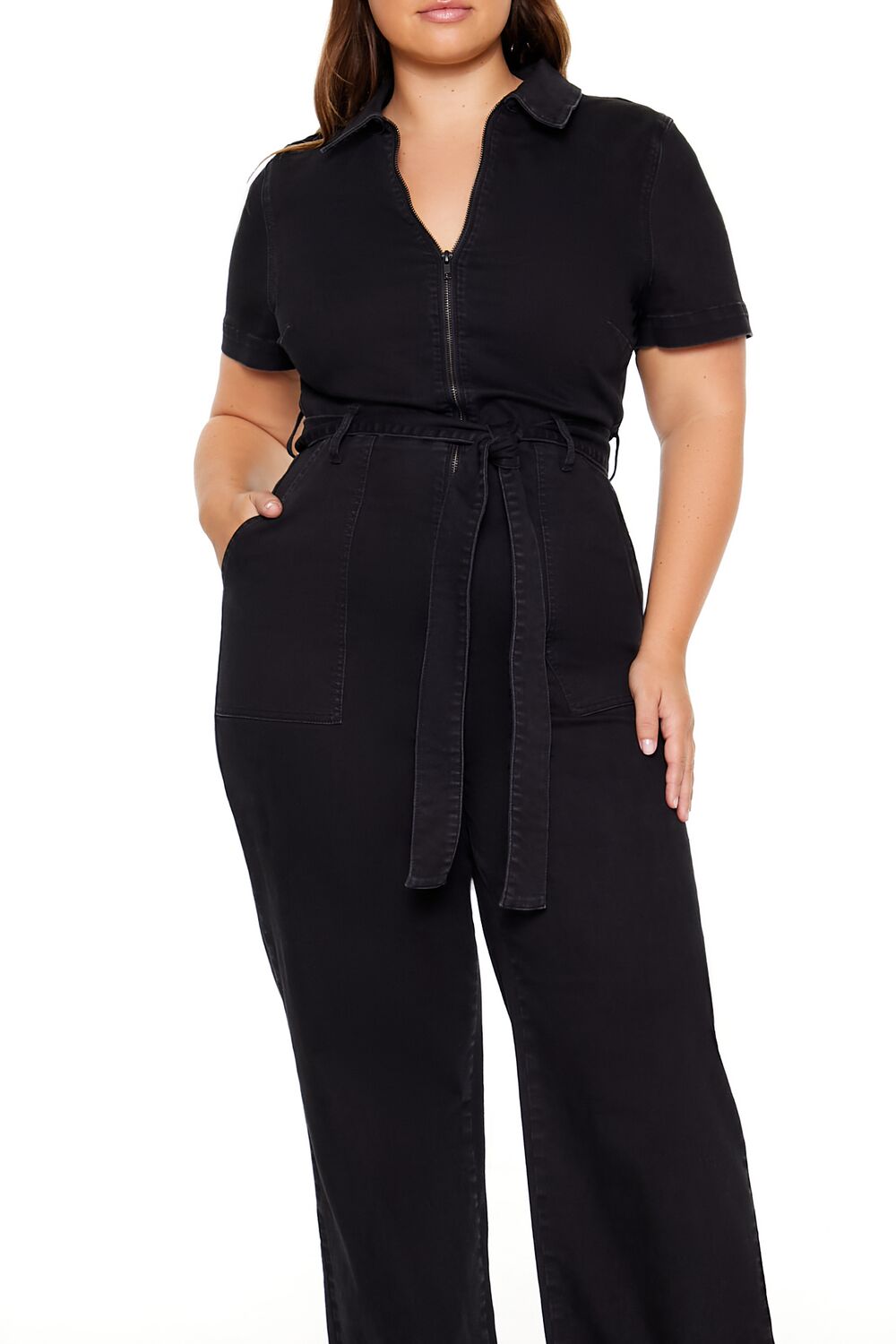  Forever 21 Plus Size Zip-Up Denim Jumpsuit - black - Bonton