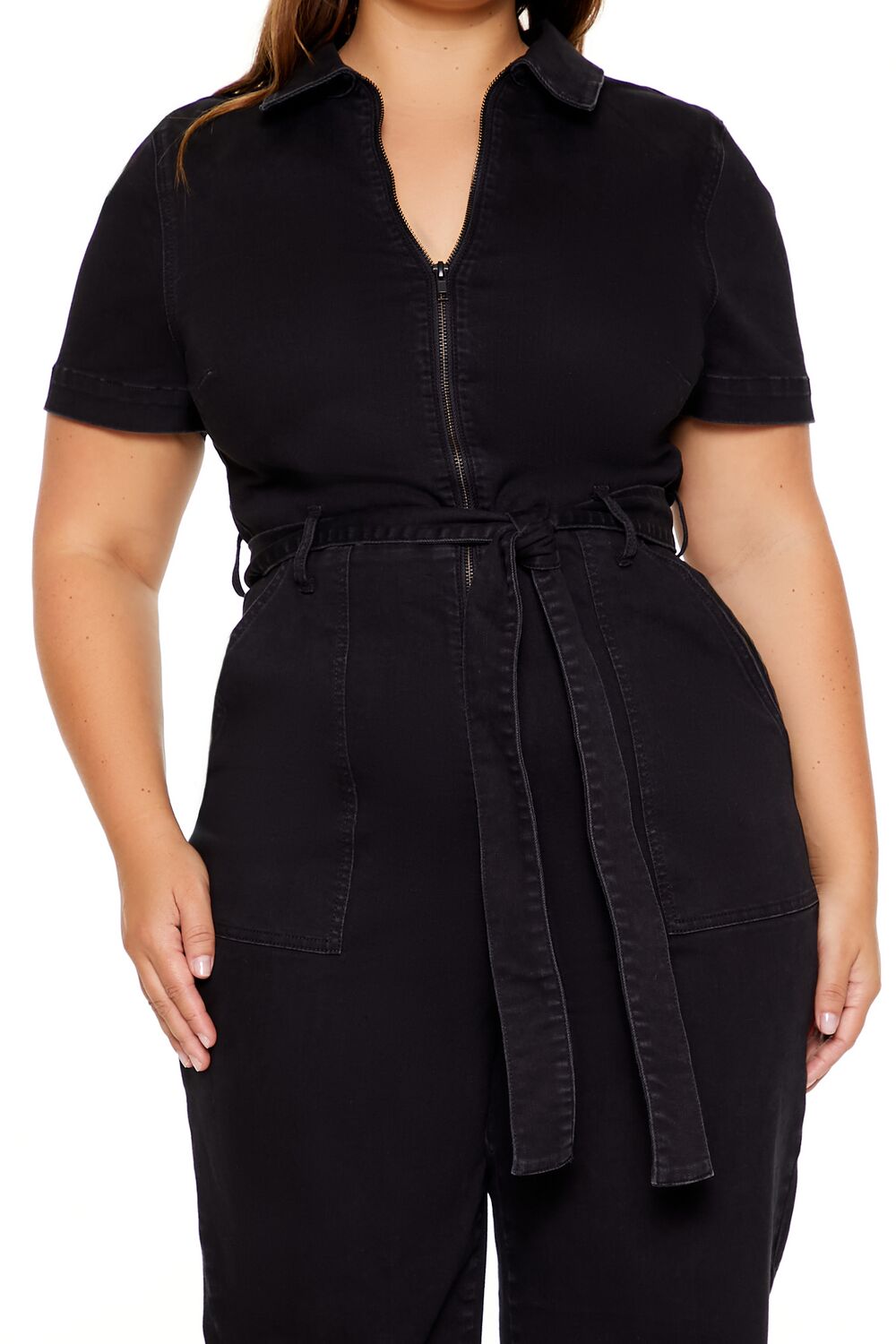  Forever 21 Plus Size Zip-Up Denim Jumpsuit - black - Bonton