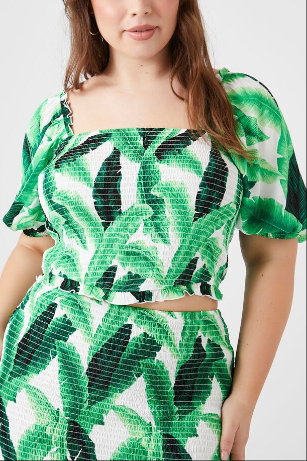  Forever 21 Plus Size Tropical Leaf Print Top - green multi - Bonton