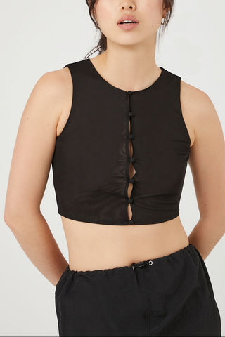 Button-Front Mesh Crop Top