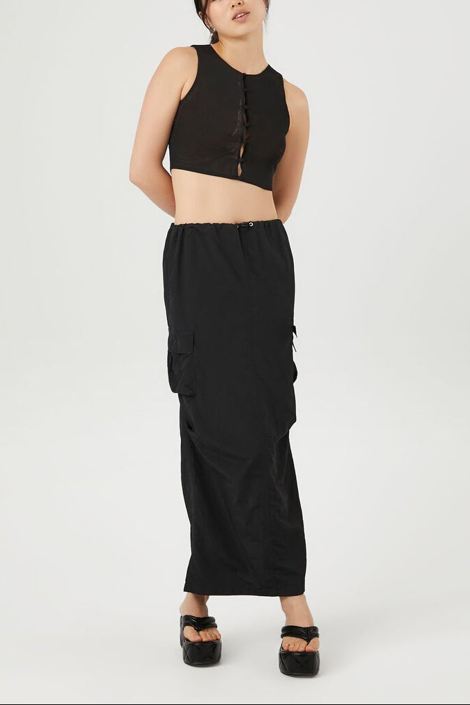 Forever 21 Button-Front Mesh Crop Top - black - Bonton