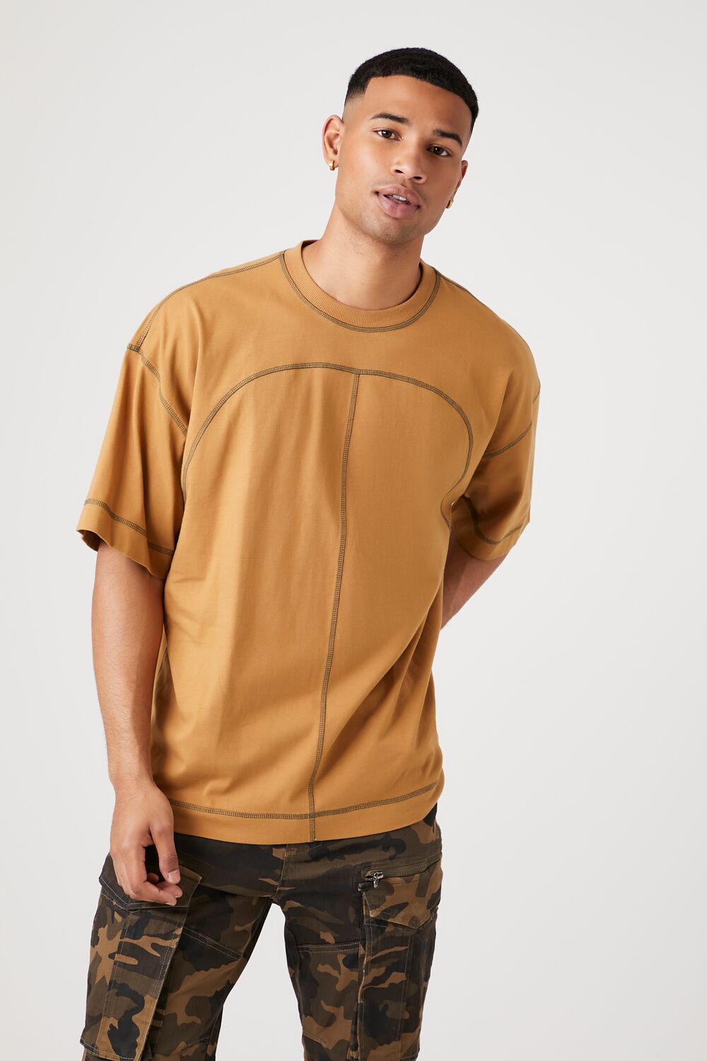  Forever 21 Contrast-Stitch Crew Neck Tee - light brown - Bonton