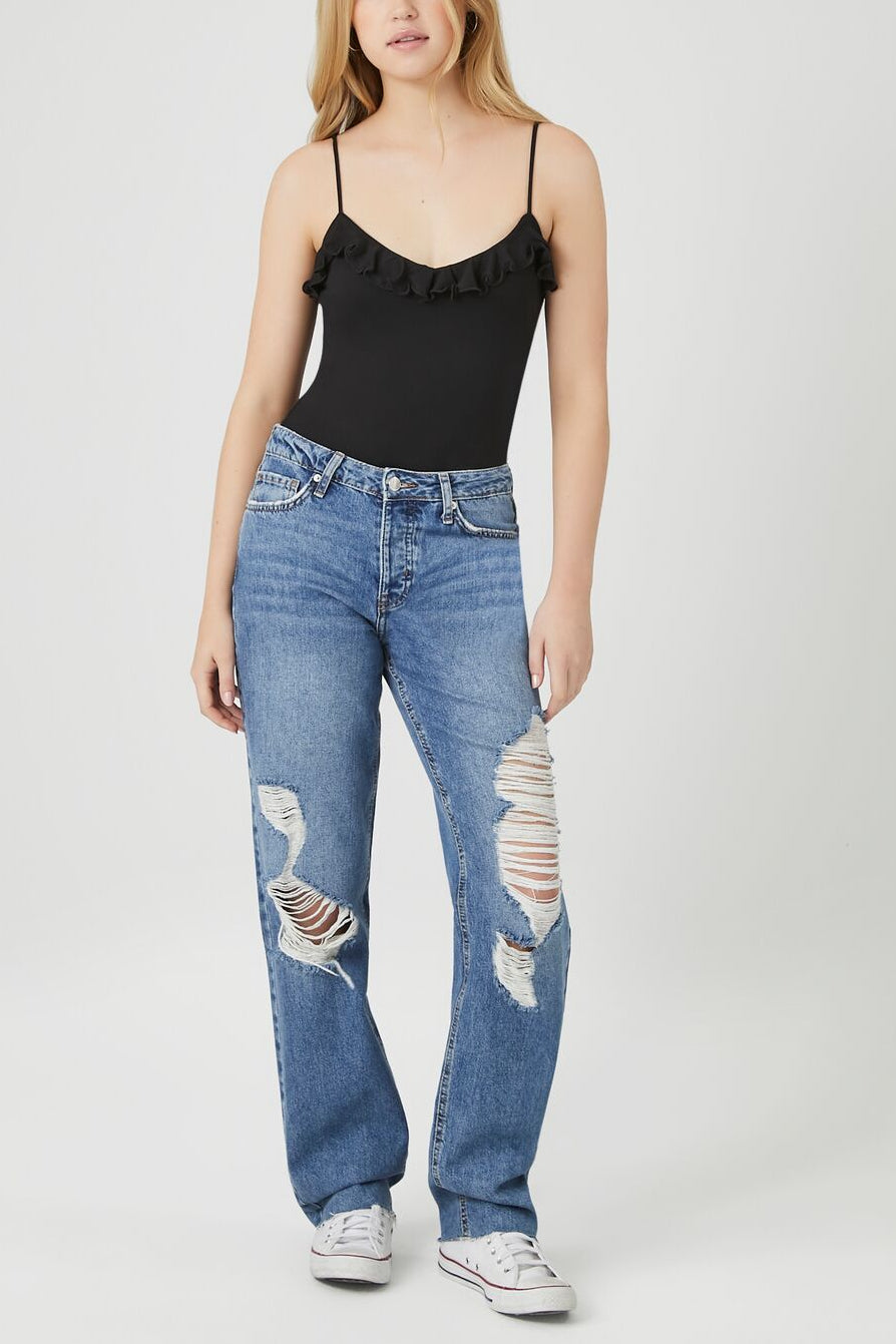  Forever 21 Ruffle-Trim Cami Bodysuit - black - Bonton