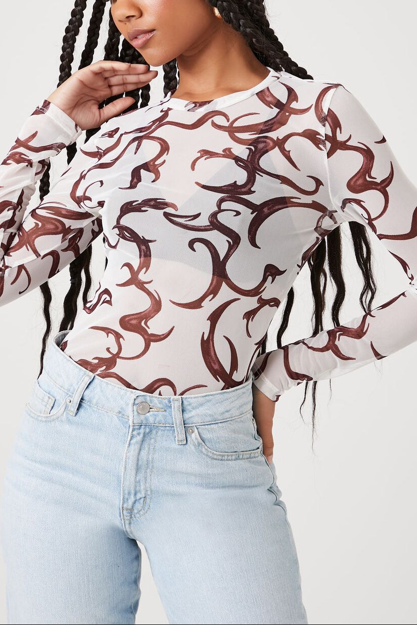  Forever 21 Mesh Abstract Print Top - brown multi - Bonton