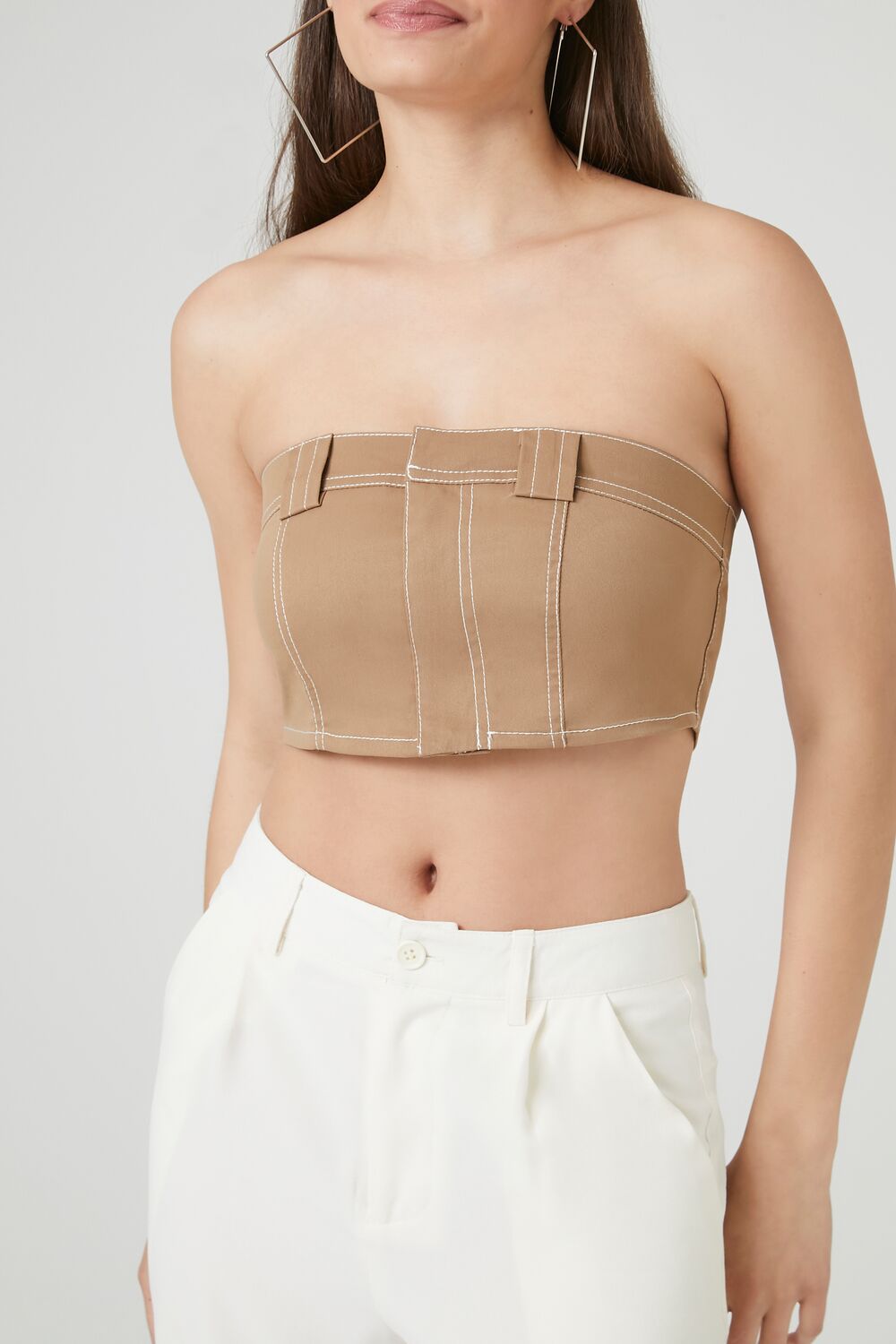  Forever 21 Super Cropped Button-Front Tube Top - tan - Bonton