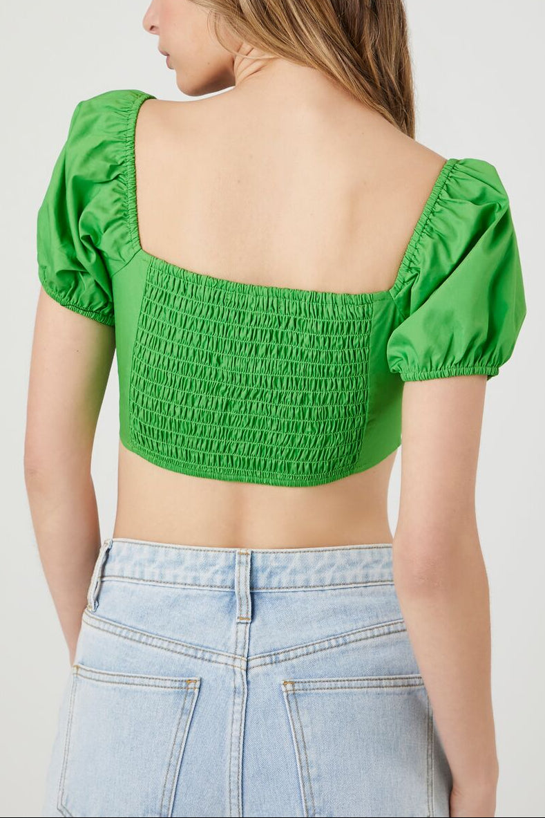  Forever 21 Puff-Sleeve Poplin Bustier Crop Top - black - Bonton