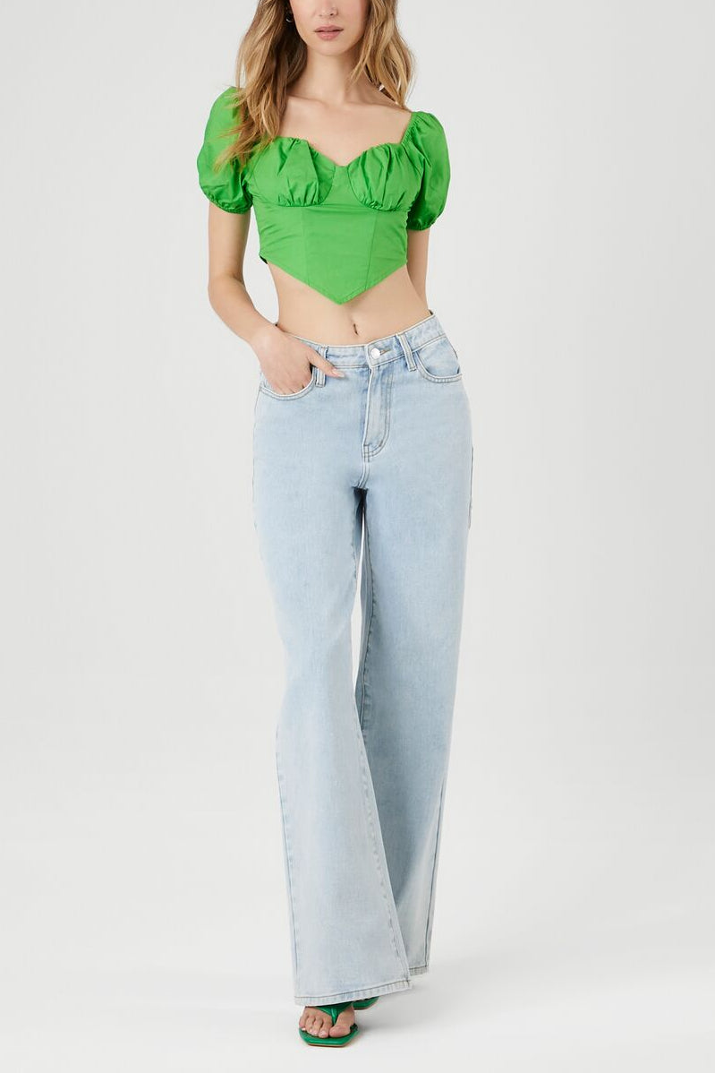  Forever 21 Puff-Sleeve Poplin Bustier Crop Top - black - Bonton