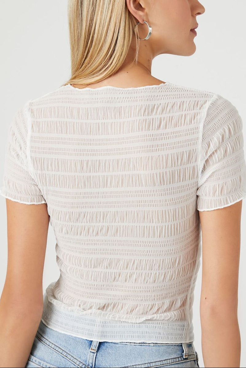  Forever 21 Sheer Mesh Lettuce-Edge Tee - white - Bonton