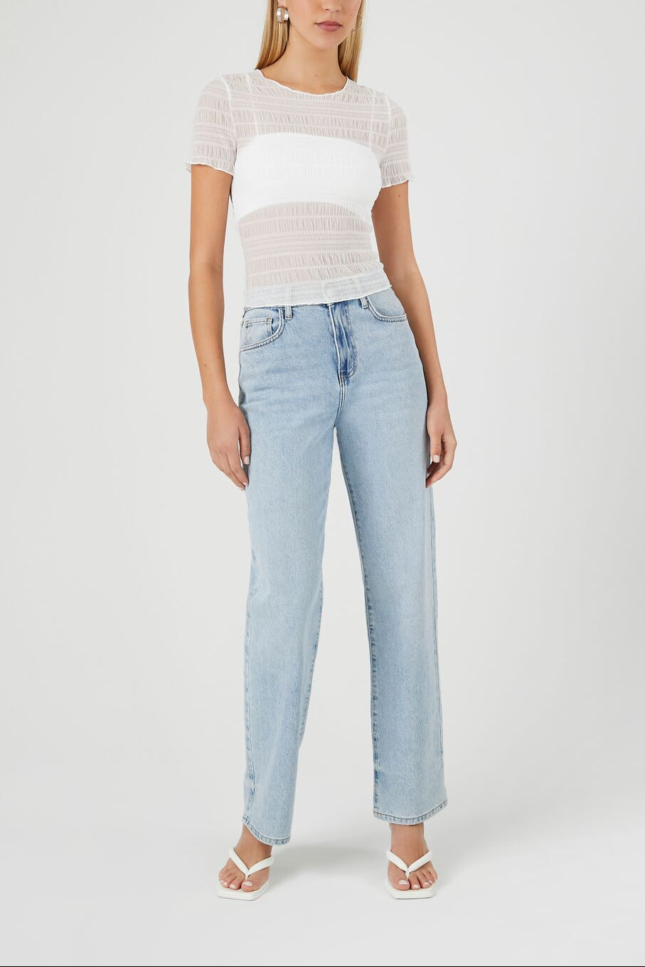  Forever 21 Sheer Mesh Lettuce-Edge Tee - white - Bonton