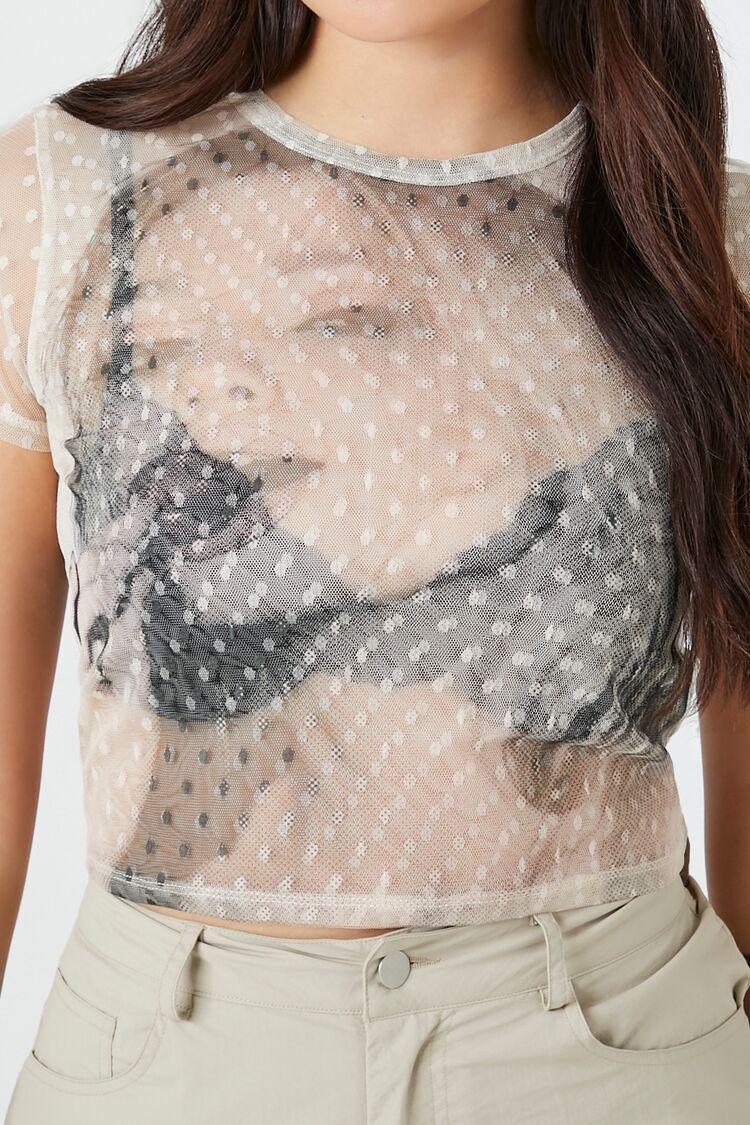  Forever 21 Mesh Graphic Baby Tee - tan multi - Bonton