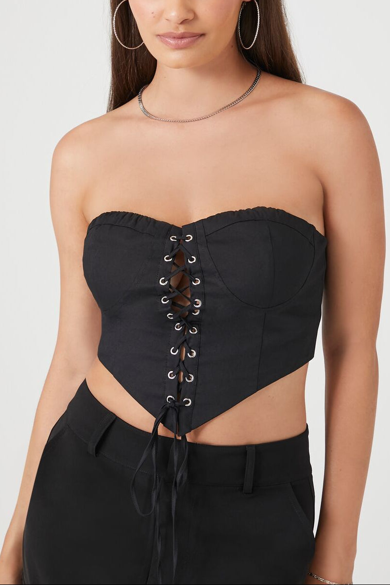  Forever 21 Lace-Up Bustier Tube Top - black - Bonton