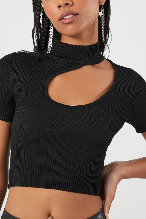  Forever 21 Sweater-Knit Cutout Crop Top - black - Bonton