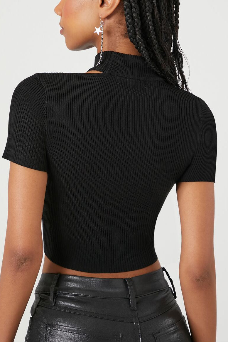  Forever 21 Sweater-Knit Cutout Crop Top - black - Bonton