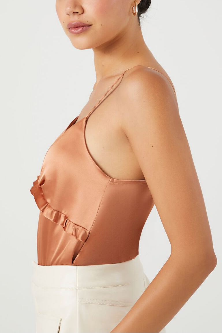  Forever 21 Satin Ruffle-Trim Bodysuit - toasted almond - Bonton