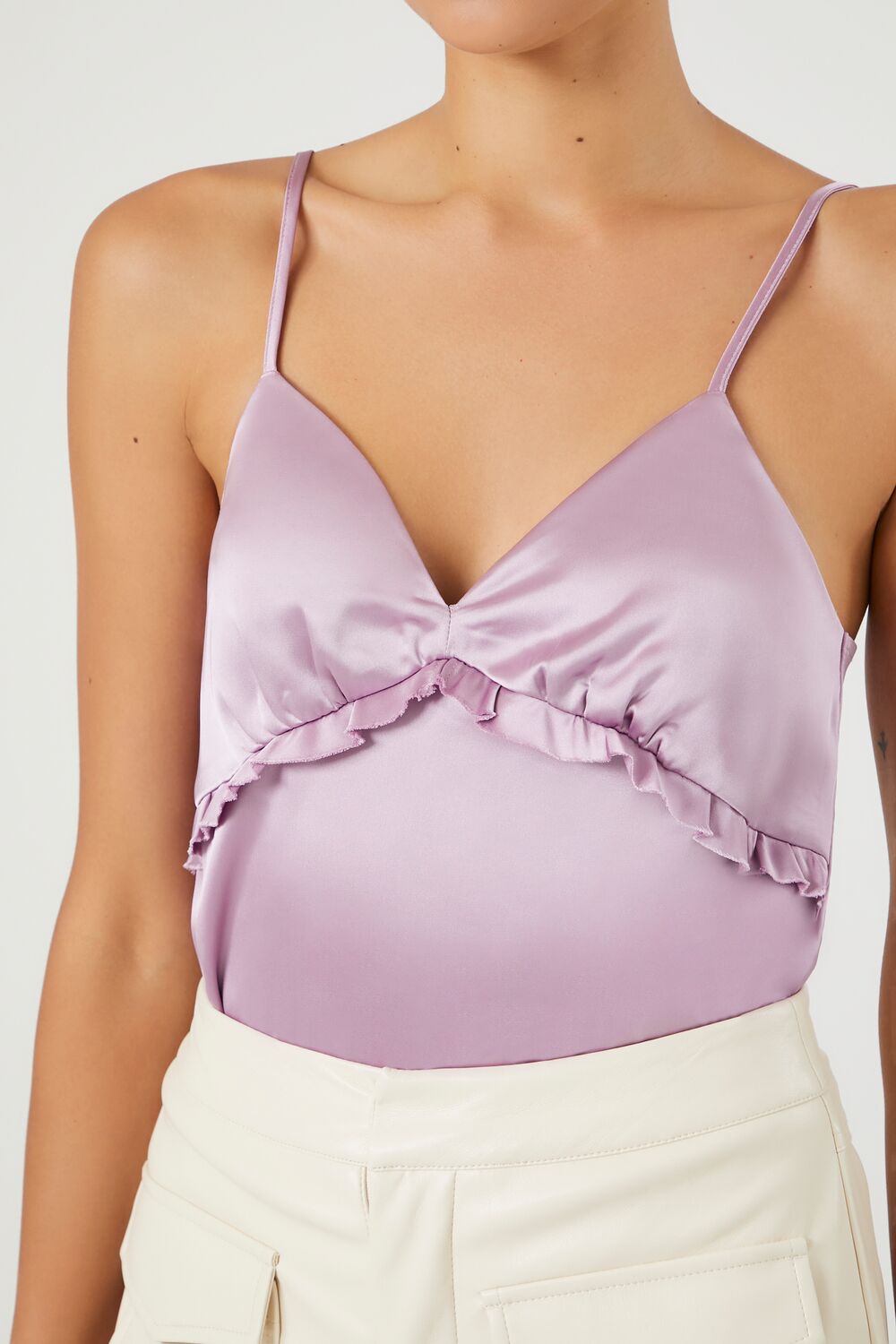  Forever 21 Satin Ruffle-Trim Bodysuit - toasted almond - Bonton