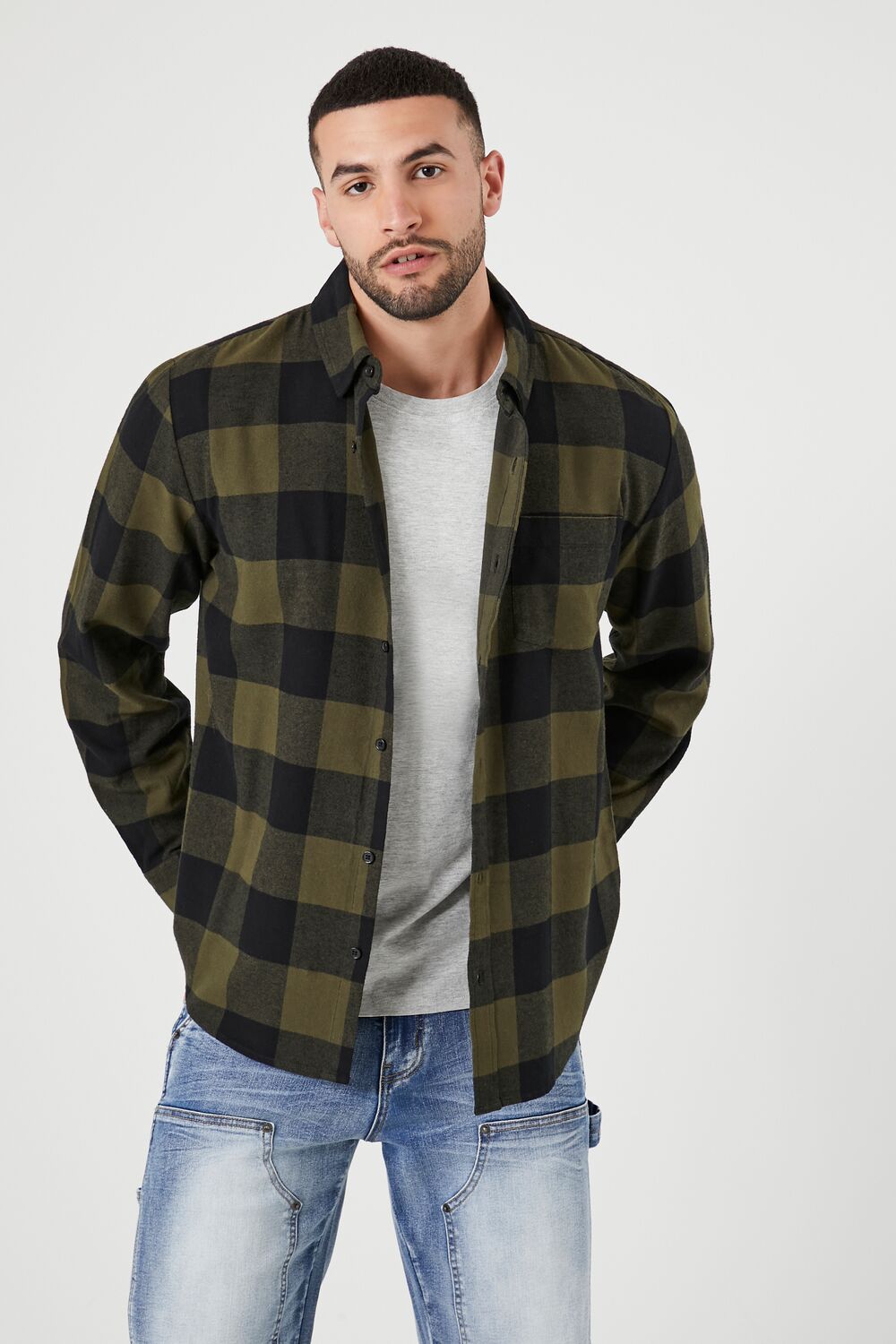  Forever 21 Plaid Flannel Shirt - olive black - Bonton