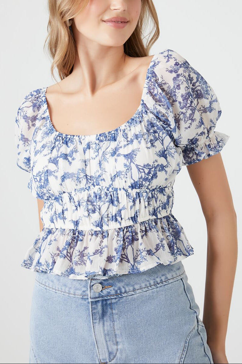  Forever 21 Floral Print Puff-Sleeve Top - blue multi - Bonton