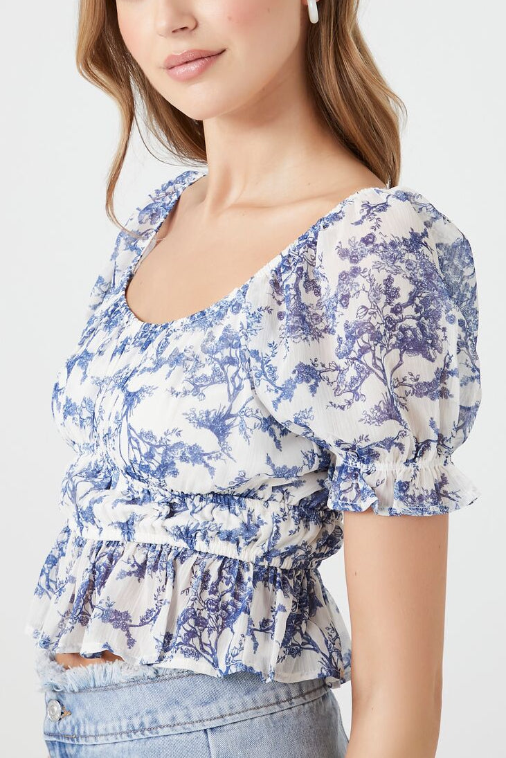  Forever 21 Floral Print Puff-Sleeve Top - blue multi - Bonton