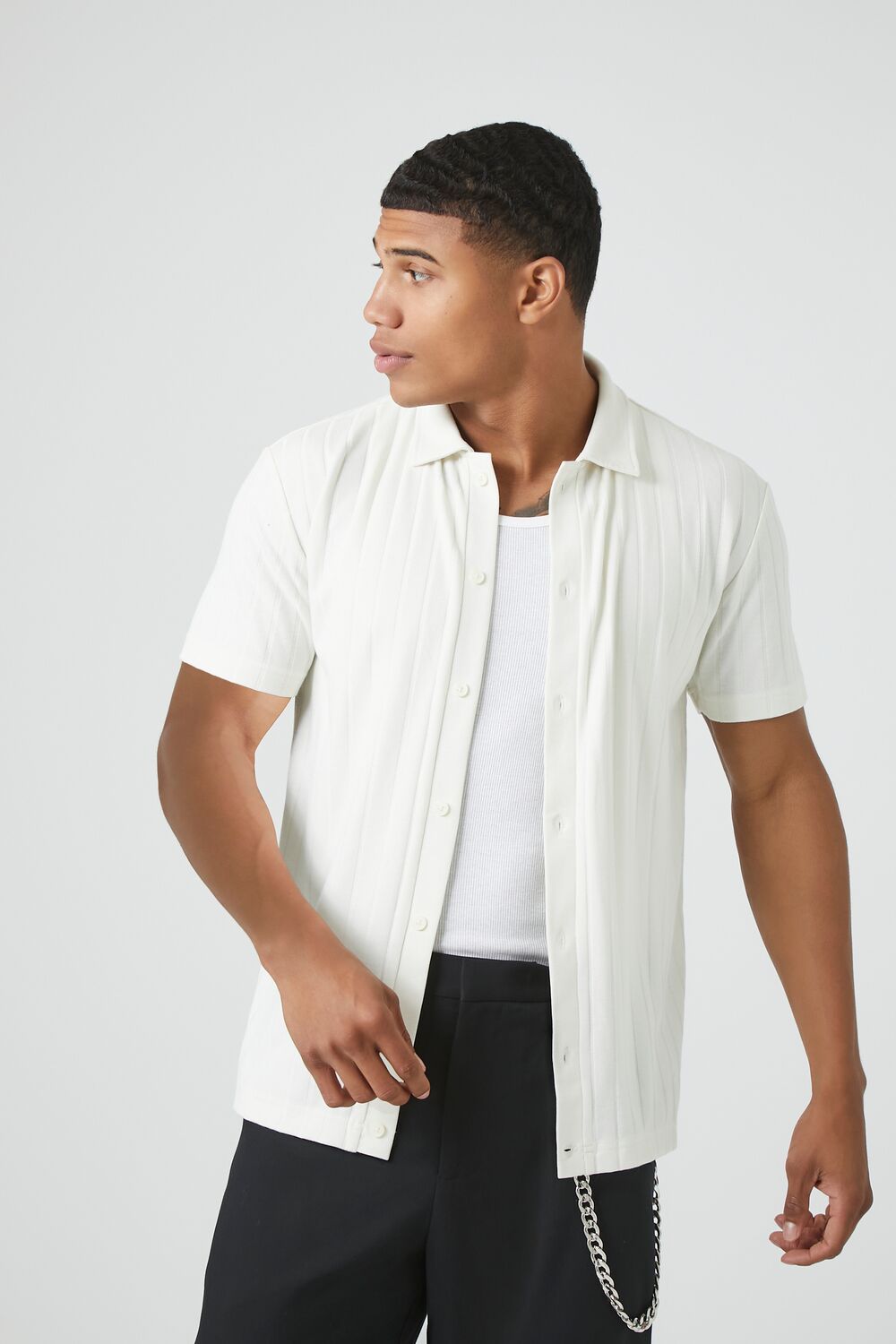  Forever 21 Textured Ribbed Knit Button-Down Shirt - cream - Bonton