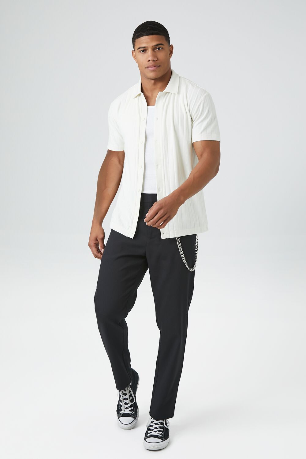  Forever 21 Textured Ribbed Knit Button-Down Shirt - cream - Bonton
