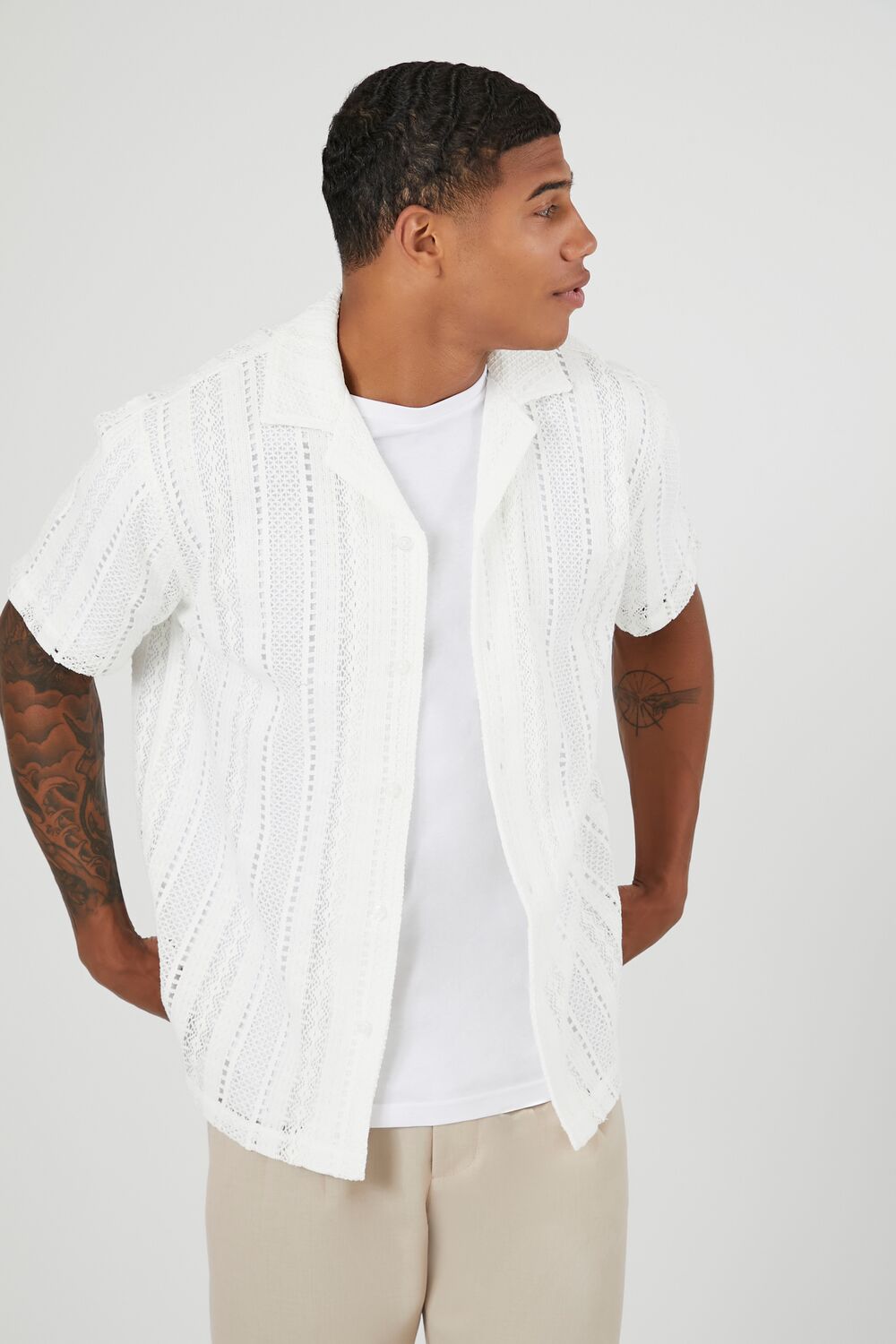  Forever 21 Cuban Collar Crochet Shirt - cream - Bonton