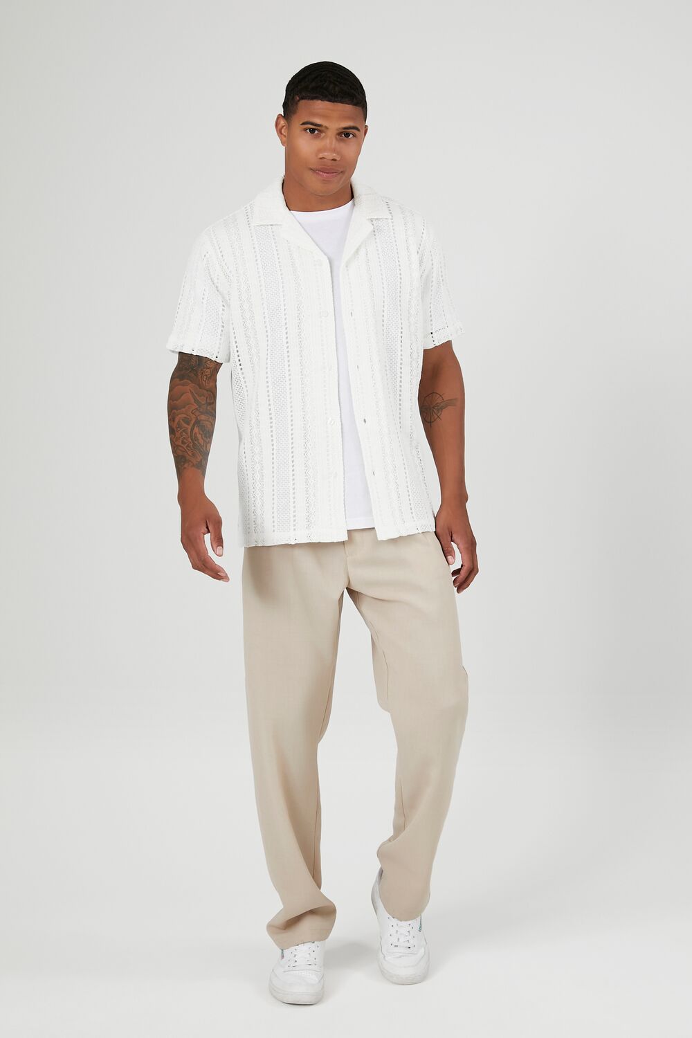  Forever 21 Cuban Collar Crochet Shirt - cream - Bonton