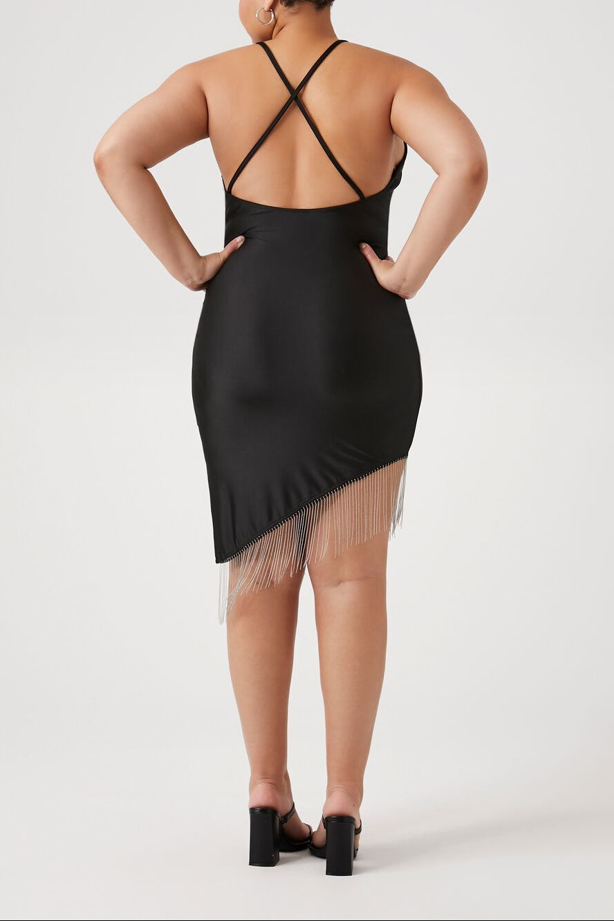  Forever 21 Plus Size Satin Asymmetrical Fringe Dress - black-swatch - Bonton