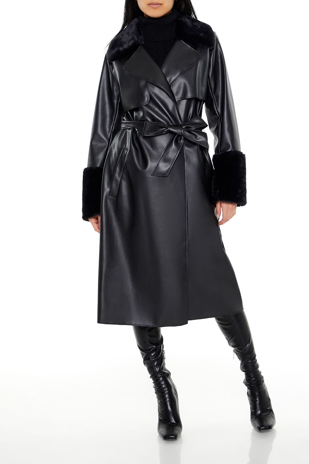 Forever 21 Faux Fur-Trim Trench Coat - black-swatch - Bonton