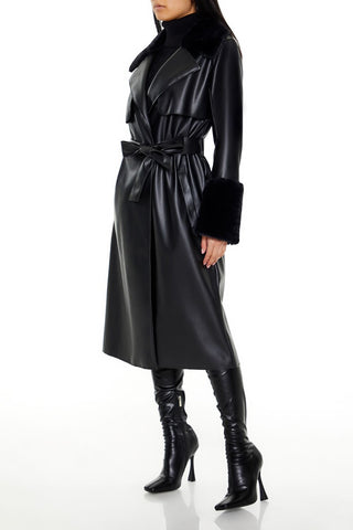 Faux Fur-Trim Trench Coat