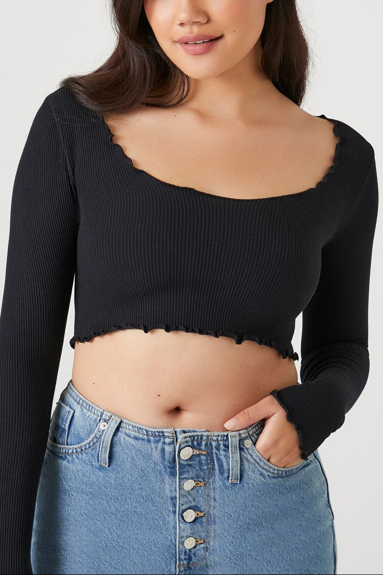  Forever 21 Seamless Lettuce-Edge Crop Top - khaki - Bonton