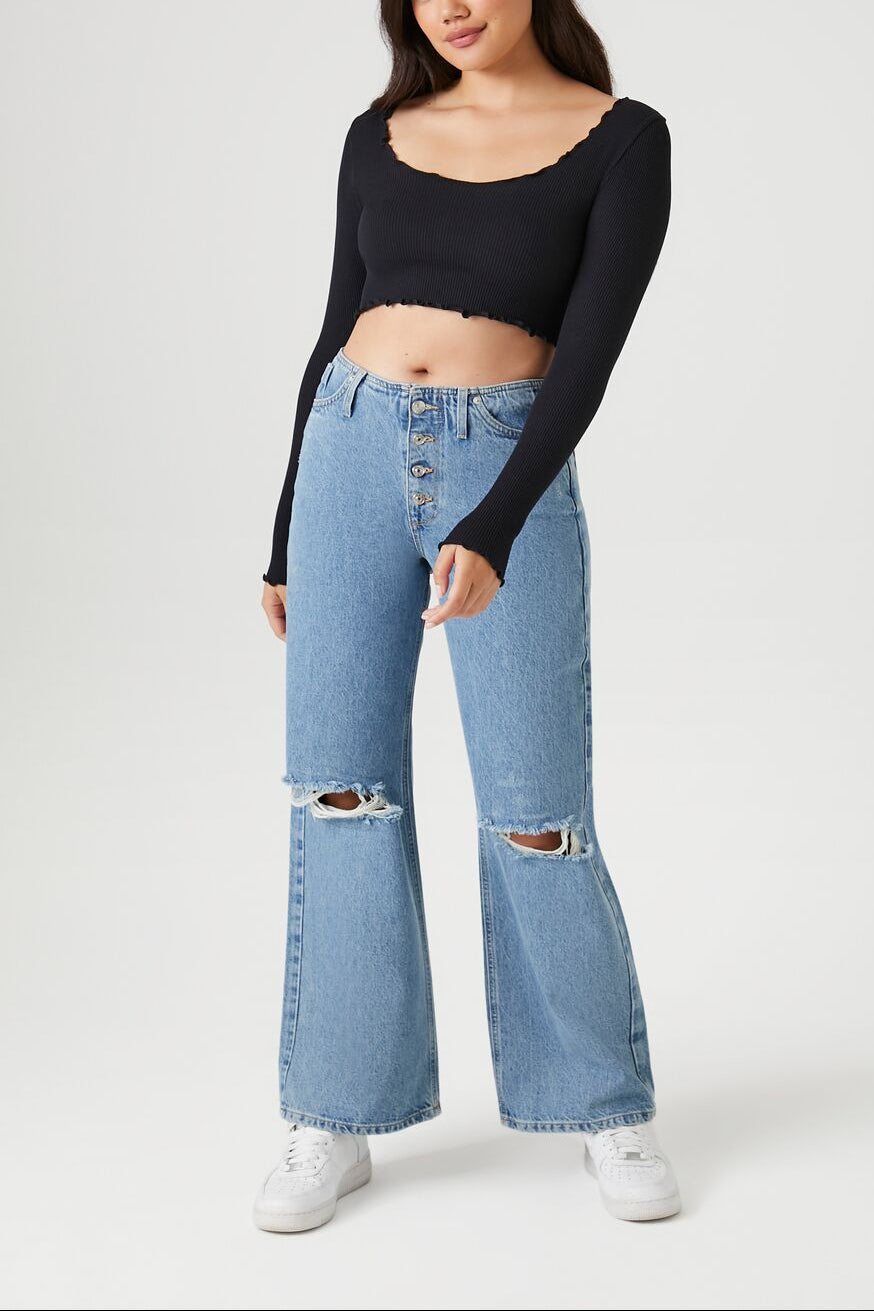  Forever 21 Seamless Lettuce-Edge Crop Top - khaki - Bonton