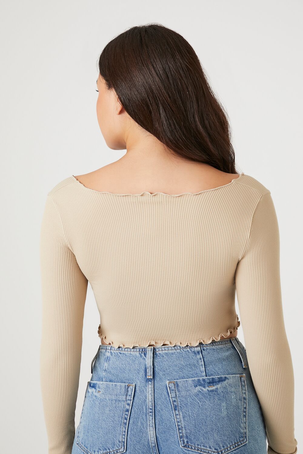  Forever 21 Seamless Lettuce-Edge Crop Top - khaki - Bonton