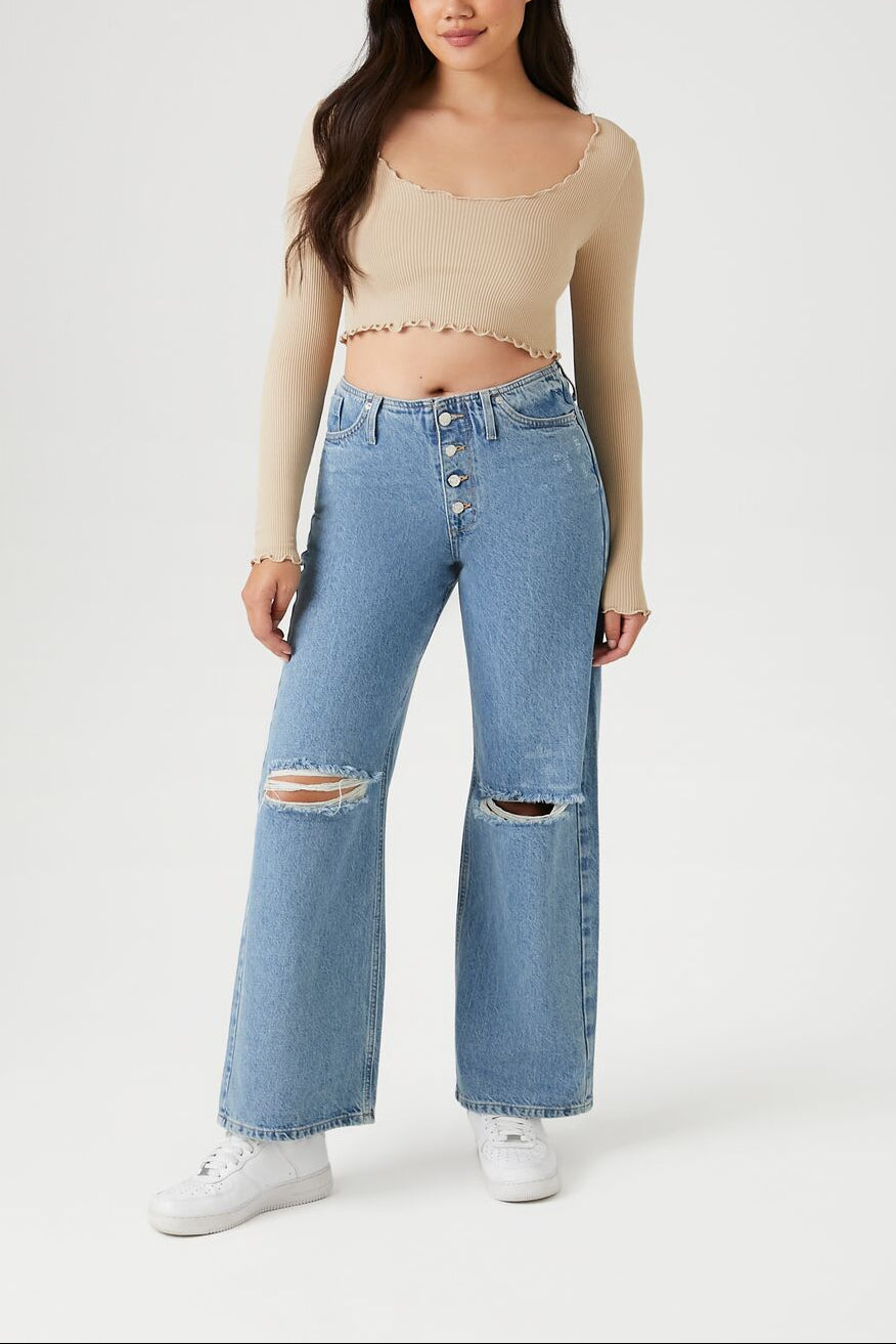  Forever 21 Seamless Lettuce-Edge Crop Top - khaki - Bonton