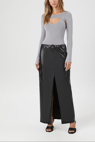 Faux Leather Toggle Drawstring Midi Skirt