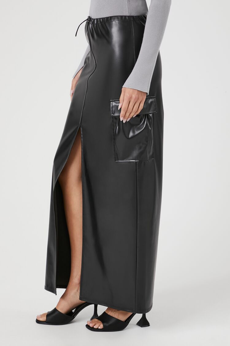  Forever 21 Faux Leather Toggle Drawstring Midi Skirt - black - Bonton