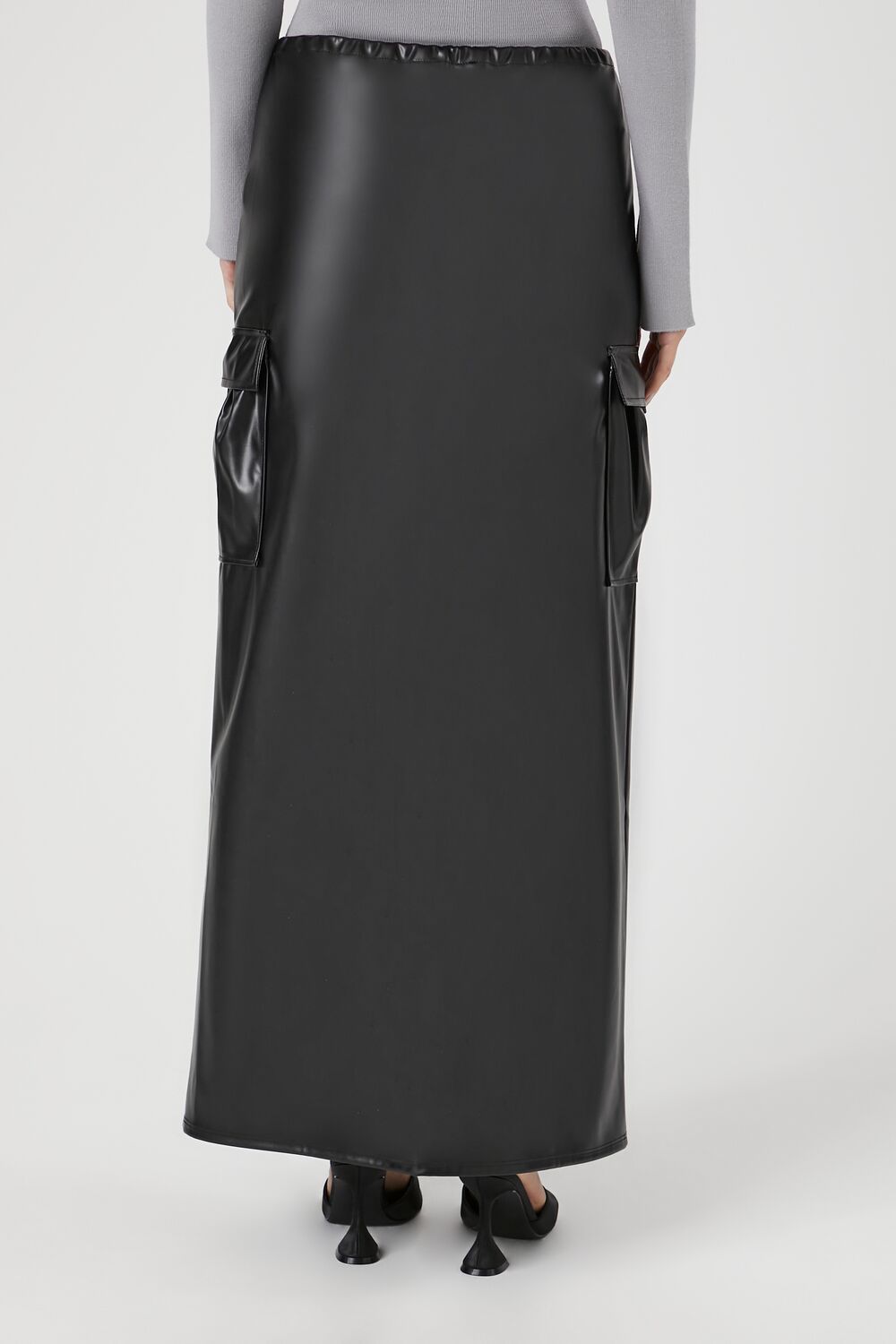  Forever 21 Faux Leather Toggle Drawstring Midi Skirt - black - Bonton