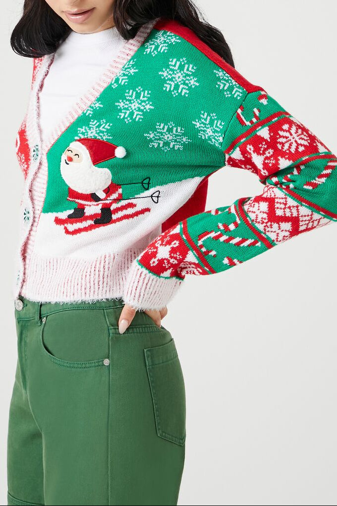  Forever 21 Skiing Santa Cardigan Sweater - red multi - Bonton