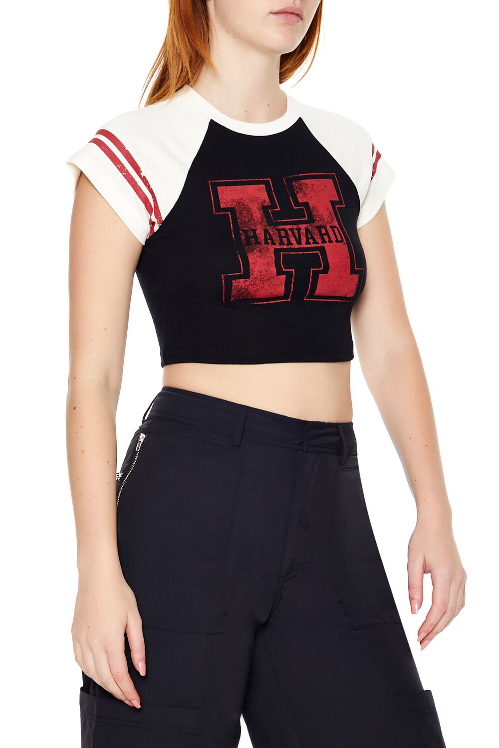  Forever 21 Raglan Harvard Graphic Baby Tee - black multi - Bonton