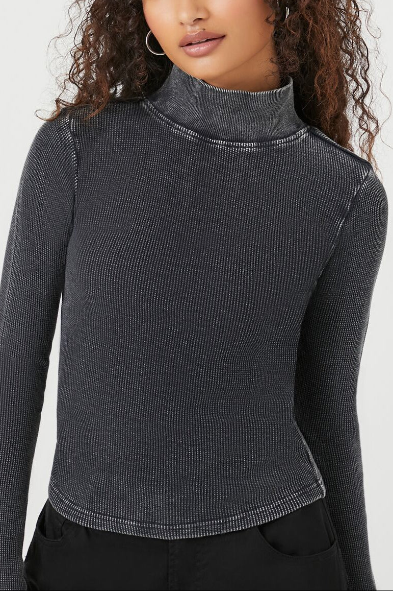  Forever 21 Waffle Knit Turtleneck Top - black - Bonton